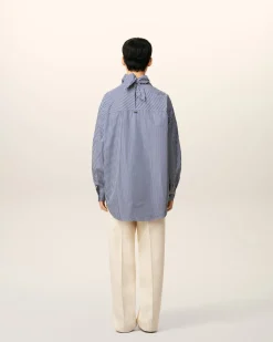 Blouse Bleue Rayée Col Bandana Manches Longues En Coton