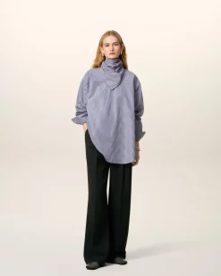 Blouse Bleue Rayée Col Bandana Manches Longues En Coton