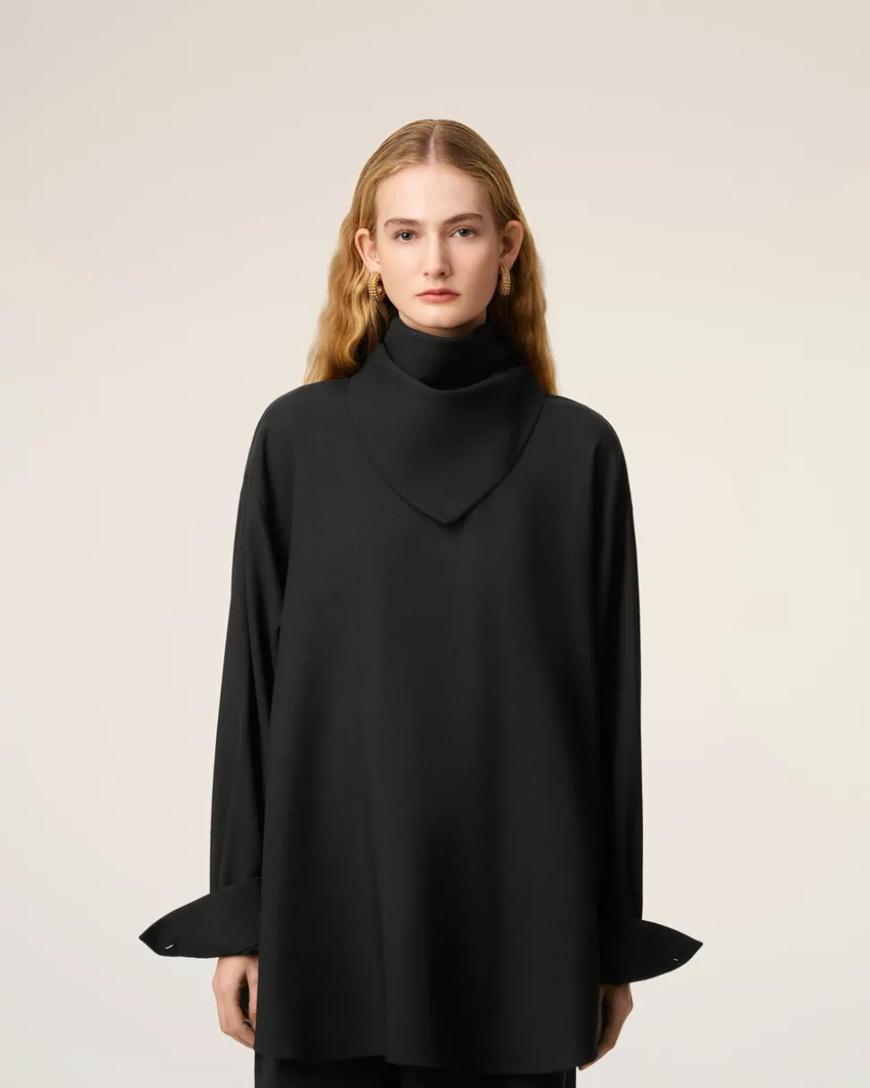 Blouse Noire Col Bandana Manches Longues En Laine