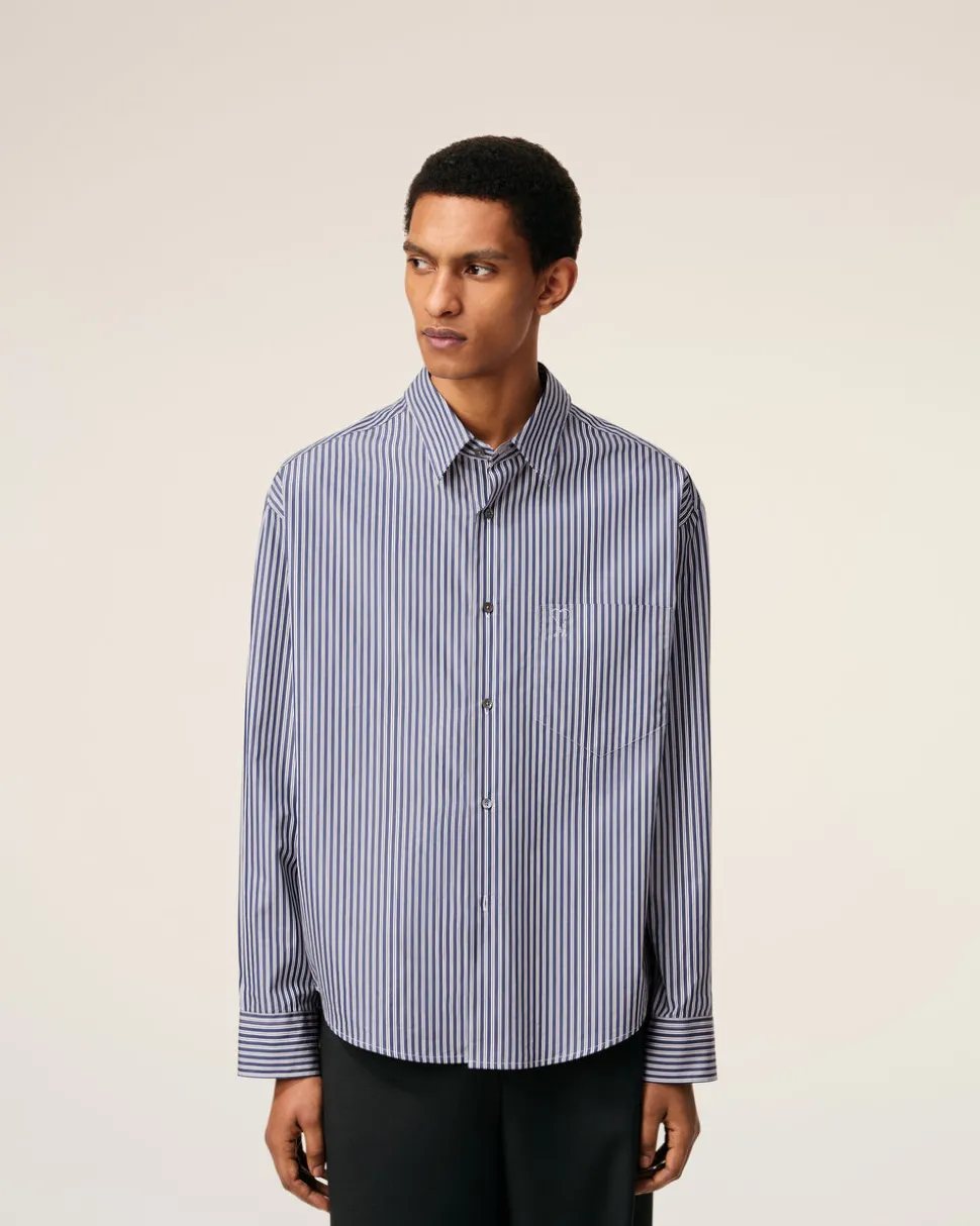 Chemise Bleue Boxy Embossée Rayée Ami de Coeur En Coton