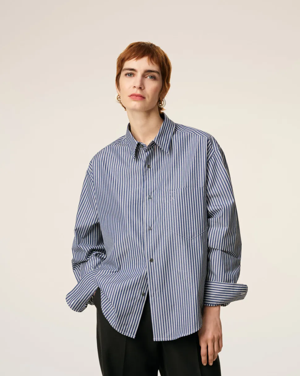 Chemise Bleue Boxy Embossée Rayée Ami de Coeur En Coton