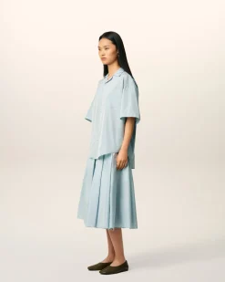 Chemise Bleue Boxy Manches Courtes En Taffetas