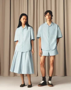 Chemise Bleue Boxy Manches Courtes En Taffetas