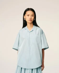 Chemise Bleue Boxy Manches Courtes En Taffetas