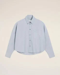 Chemise Bleue Cropped Oversize Col Boutonné En Coton