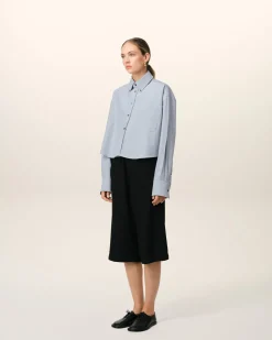 Chemise Bleue Cropped Oversize Col Boutonné En Coton