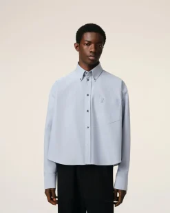 Chemise Bleue Cropped Oversize Col Boutonné En Coton