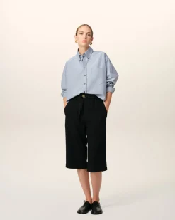 Chemise Bleue Cropped Oversize Col Boutonné En Coton