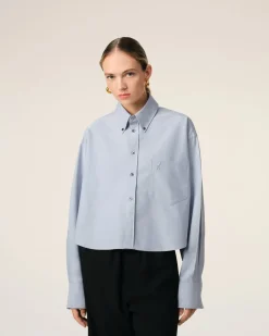 Chemise Bleue Cropped Oversize Col Boutonné En Coton