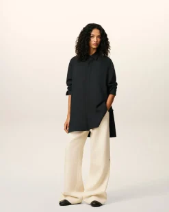 Chemise Noire Longue Oversize Avec Fentes En Laine