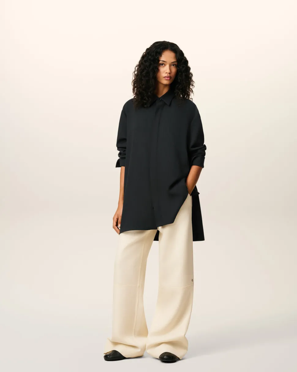 Chemise Noire Longue Oversize Avec Fentes En Laine