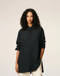 Chemise Noire Longue Oversize Avec Fentes En Laine