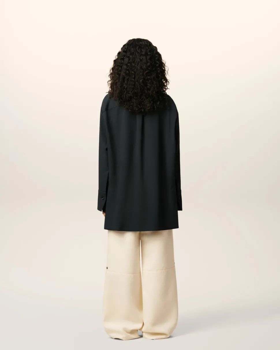 Chemise Noire Longue Oversize Avec Fentes En Laine