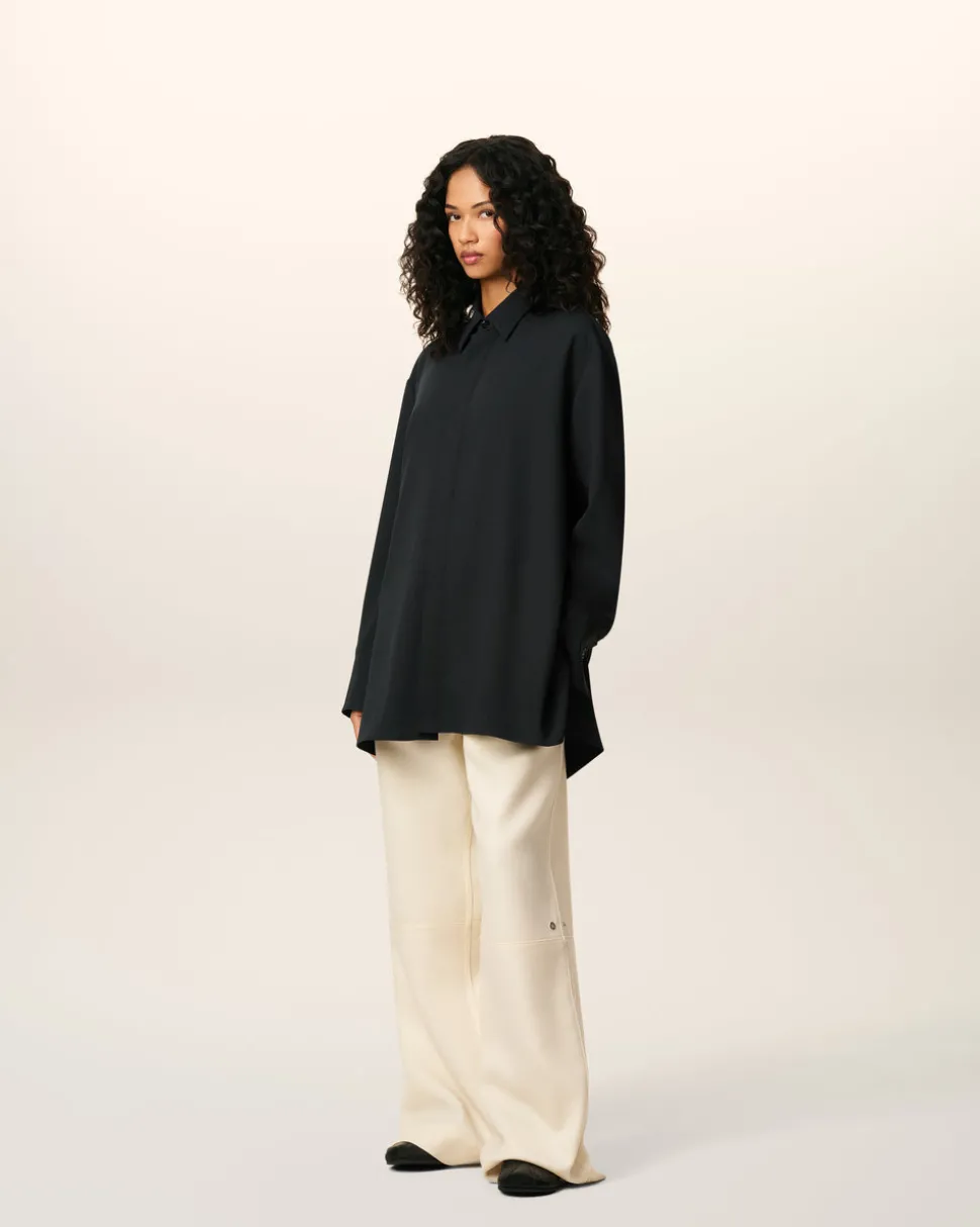 Chemise Noire Longue Oversize Avec Fentes En Laine