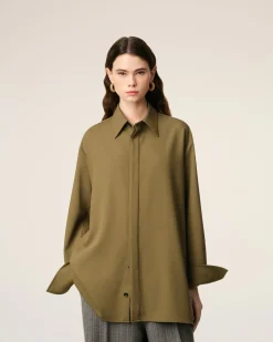 Chemise Verte Longue Oversize Avec Fentes En Laine