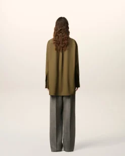 Chemise Verte Longue Oversize Avec Fentes En Laine