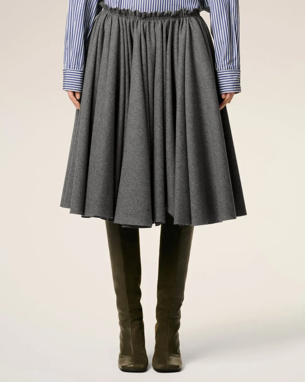 Jupe Corolle Grise Midi en Laine