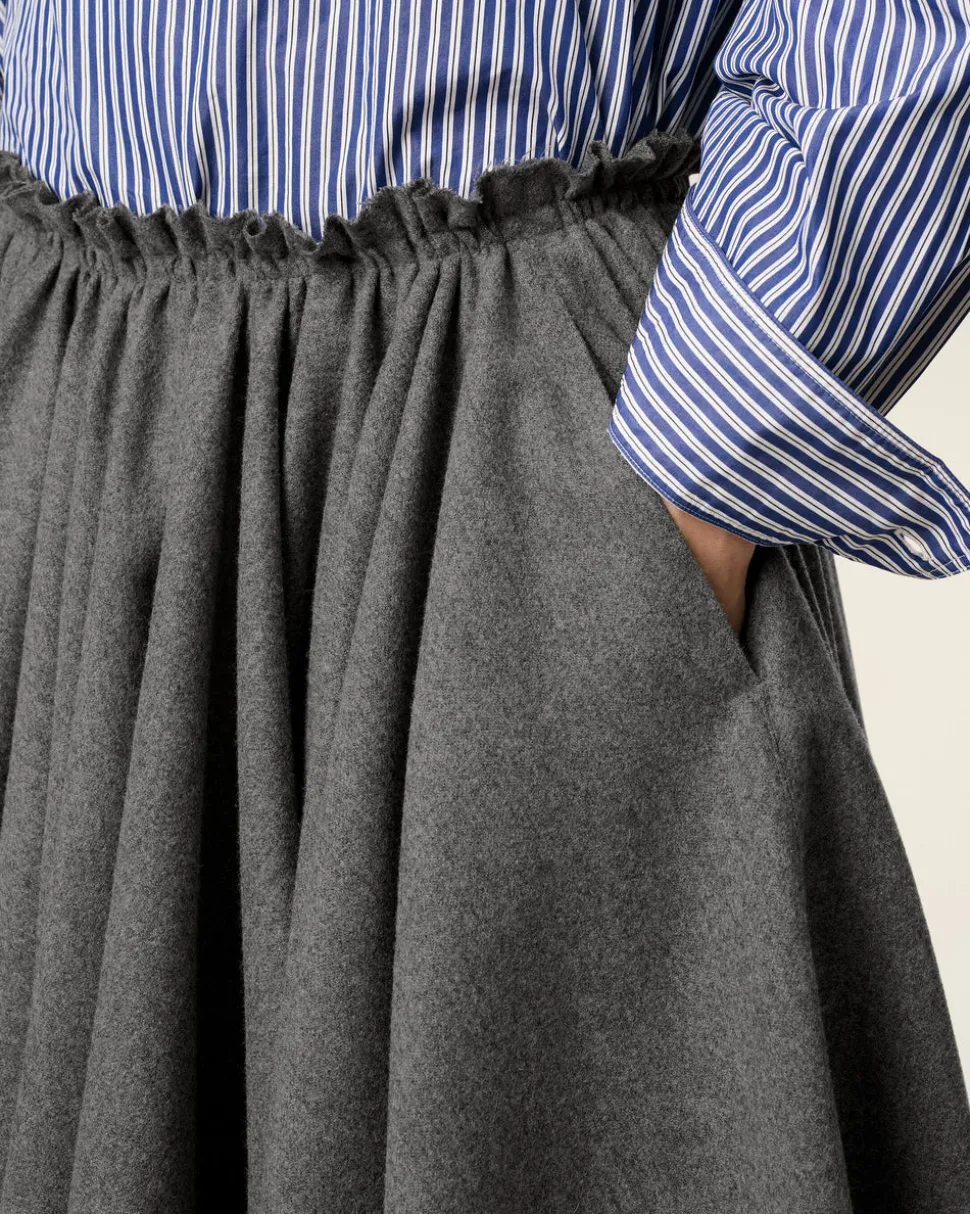 Jupe Corolle Grise Midi en Laine