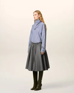 Jupe Corolle Grise Midi en Laine