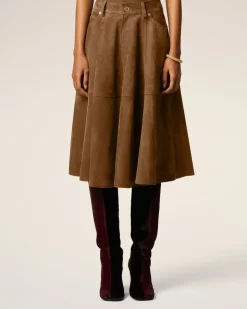 Jupe Marron Midi En Cuir