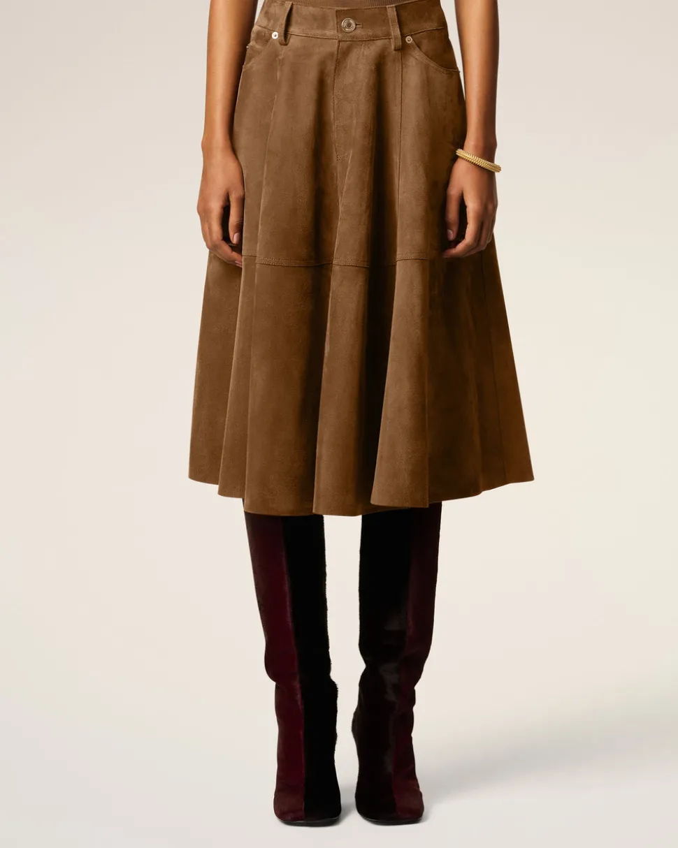 Jupe Marron Midi En Cuir