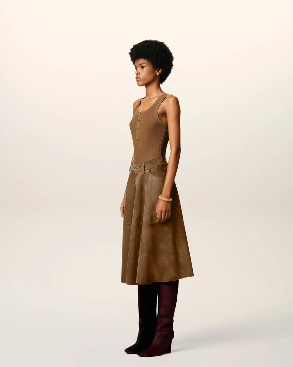 Jupe Marron Midi En Cuir