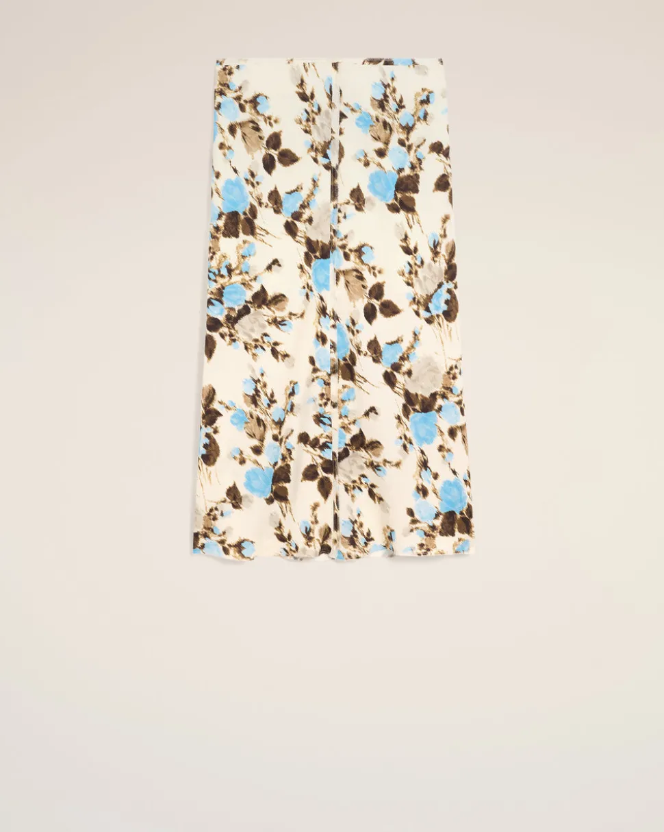 Jupe Midi Bleue Imprimé Fleuris Details Bords Francs