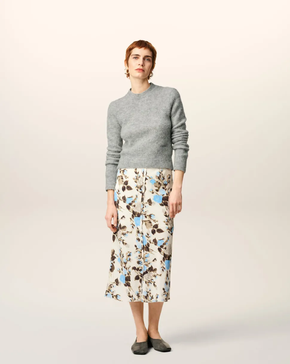 Jupe Midi Bleue Imprimé Fleuris Details Bords Francs