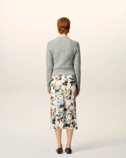 Jupe Midi Bleue Imprimé Fleuris Details Bords Francs