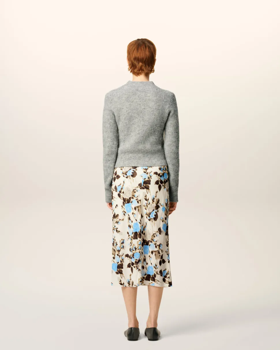 Jupe Midi Bleue Imprimé Fleuris Details Bords Francs