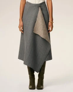 Jupe Portefeuille Grise Midi Chevronnée En Laine