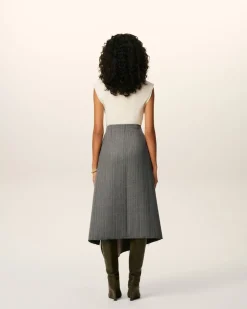 Jupe Portefeuille Grise Midi Chevronnée En Laine