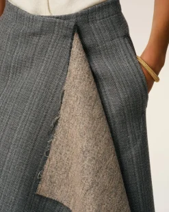 Jupe Portefeuille Grise Midi Chevronnée En Laine