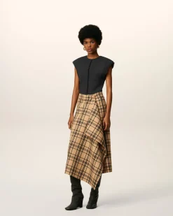 Jupe Portefeuille Marron Midi A Carreaux En Laine