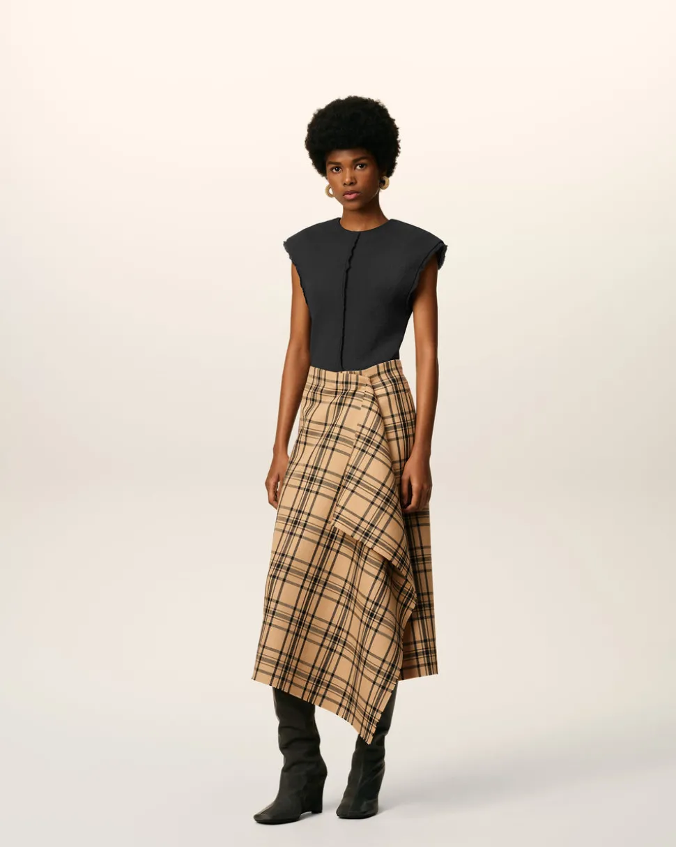 Jupe Portefeuille Marron Midi A Carreaux En Laine