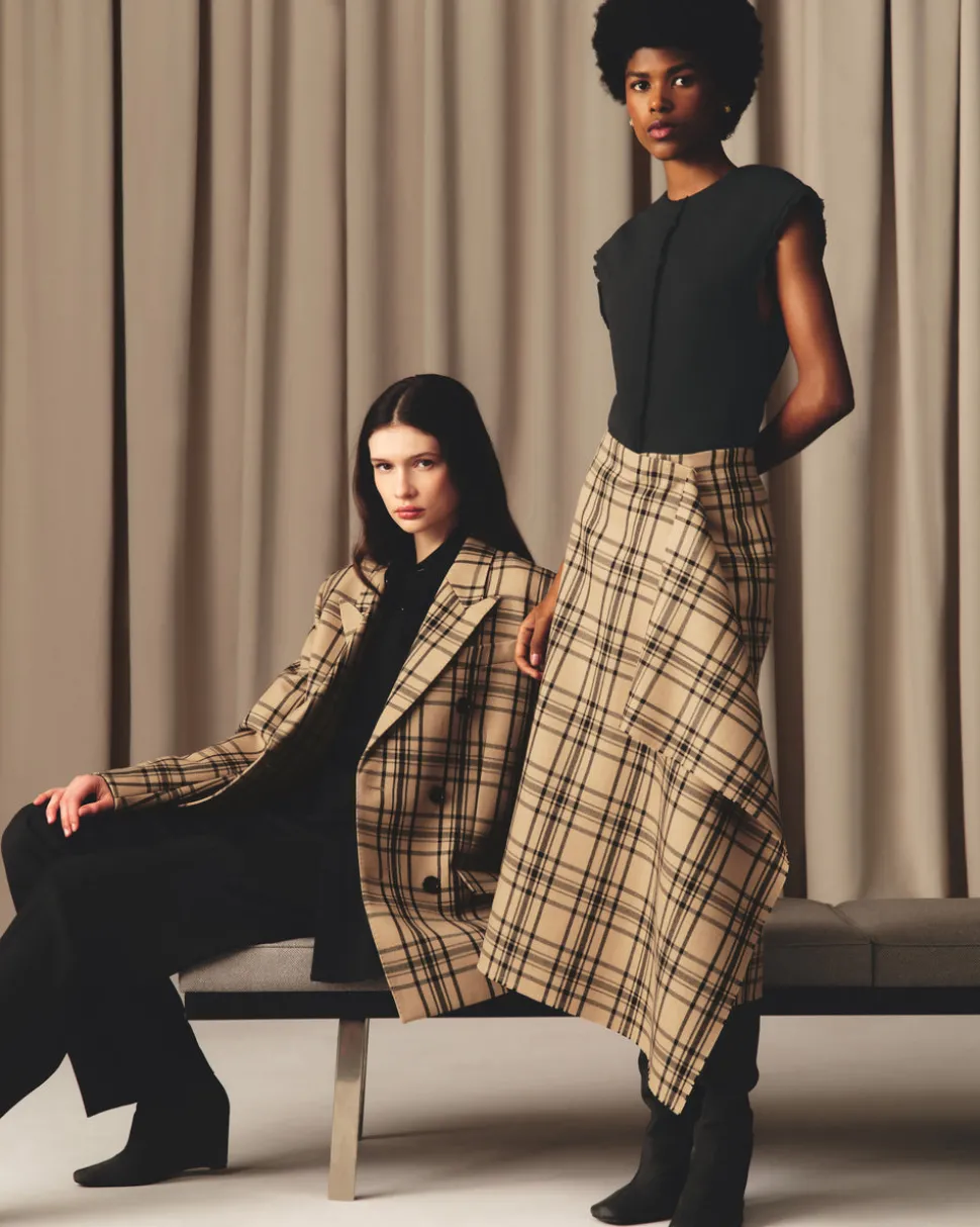 Jupe Portefeuille Marron Midi A Carreaux En Laine