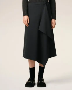 Jupe Portefeuille Noire Midi En Laine