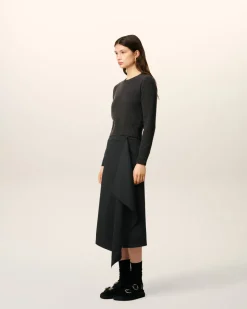 Jupe Portefeuille Noire Midi En Laine