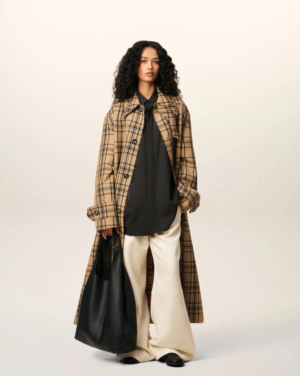 Mac Marron Ceinturé A Carreaux En Laine