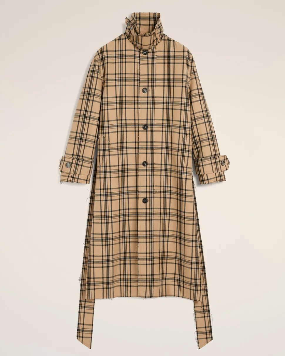 Mac Marron Ceinturé A Carreaux En Laine