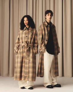 Mac Marron Ceinturé A Carreaux En Laine