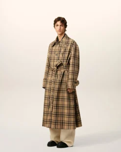 Mac Marron Ceinturé A Carreaux En Laine