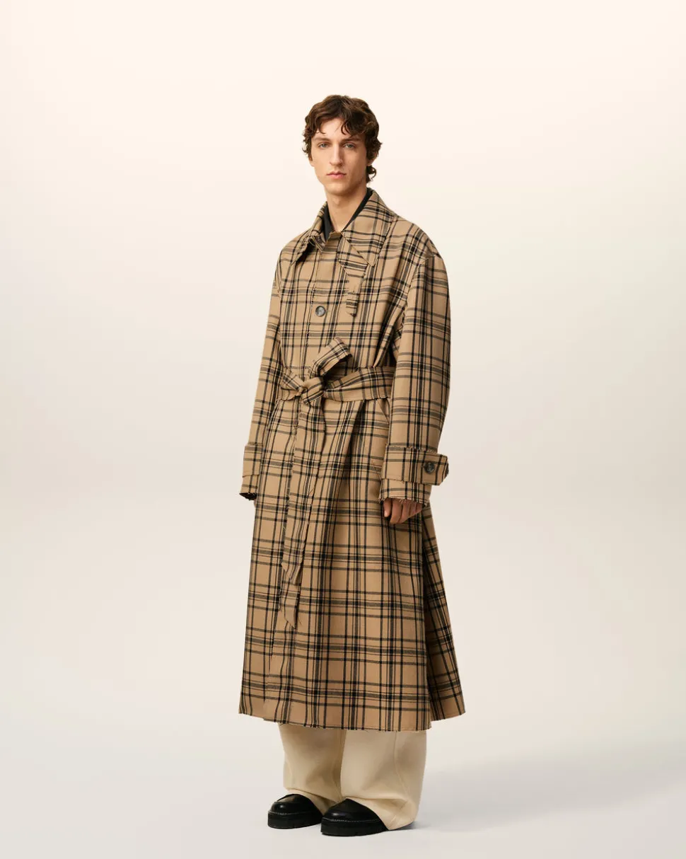 Mac Marron Ceinturé A Carreaux En Laine