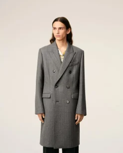 Manteau Gris Croisé Avec Chevron En Laine