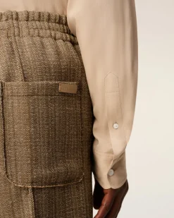 Pantalon Marron Elastiqué A Chevron En Laine