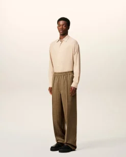 Pantalon Marron Elastiqué A Chevron En Laine