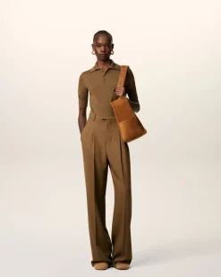 Pantalon Marron Large Taille Haute Avec Pattes De Serrages En Laine