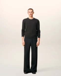 Pantalon Noir Large Taille Basse En Laine