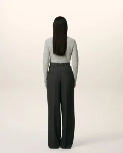 Pantalon Noir Large Taille Haute En Laine