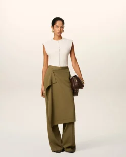 Pantalon Vert Coupe Large A Pan En Laine